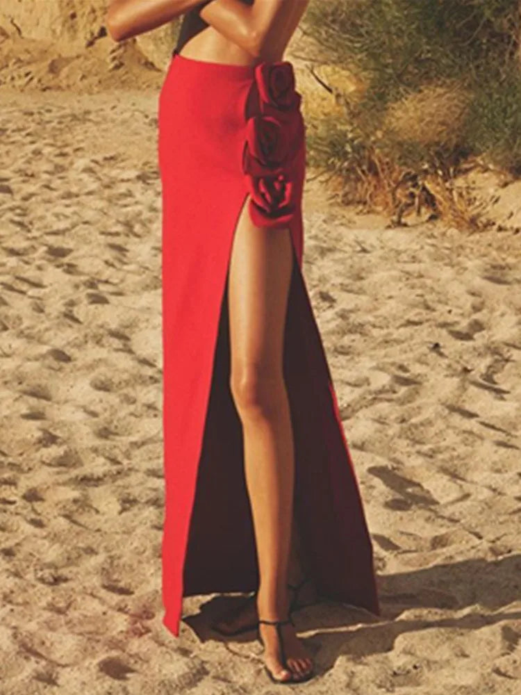 Saia bandagem justa feminina de verão, preta, vermelha, com flores, designer, cintura alta, para festa, escritório, elegante, saia dividida
