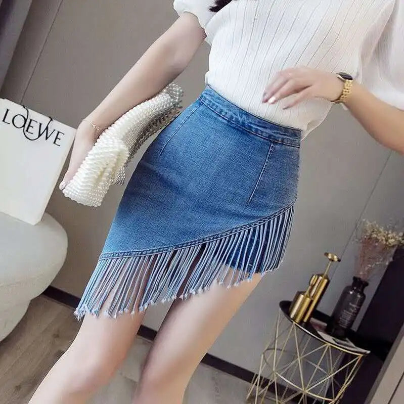 Denim Mini Skirt Women with Shorts Oblique Hem Tassel Summer 2024 Korean Fashion Streetwear Jean Skort Stylish Night Club Outfit 1