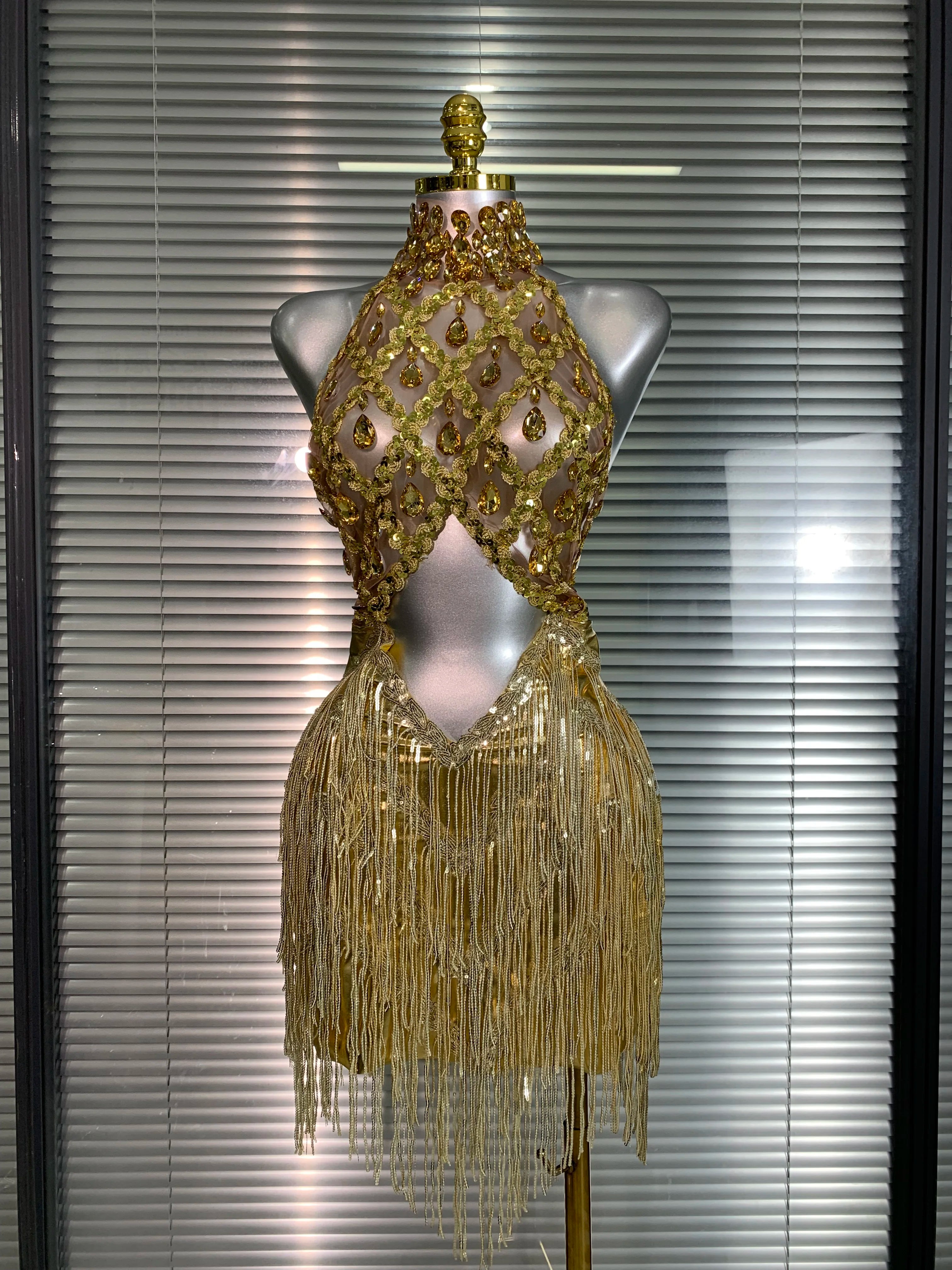 Women Sexy Mesh Tassel Crystal Diamonds Mini Performance Costume Stage Dancer See Through Stretchy Gold Night Club Party Dress