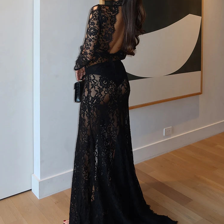 VC Black Lace Cut Out Long Dress Backless High Split Maxi Long Sleeves O Neck Celebrity Slim Cocktail Party Evening Gowns