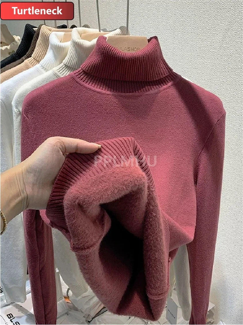 Warm Knit Pullover New Thicken Turtleneck Sweater For Winter Women Casual Slim Plush Lined Soft Long Sleeve Knitwear Jumper Tops basic purple red