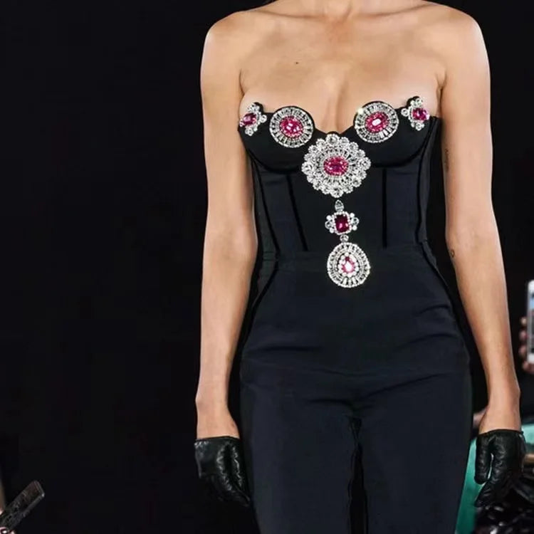 Fashion Celebrate Sparkly Crystals Women Sexy Strapless Bodycon Bandage Jumpsuit Runway Nightclub Party Wear Wholesale