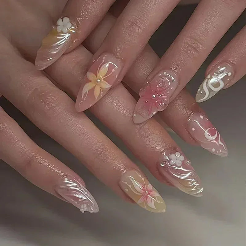 24pcs Short Almond Press on Nails 3D Flower Butterfly Fake Nails with Glue Colorful Natural Acrylic False Nails Full Cover Nails