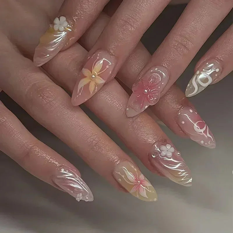 24pcs Short Almond Press on Nails 3D Flower Butterfly Fake Nails with Glue Colorful Natural Acrylic False Nails Full Cover Nails