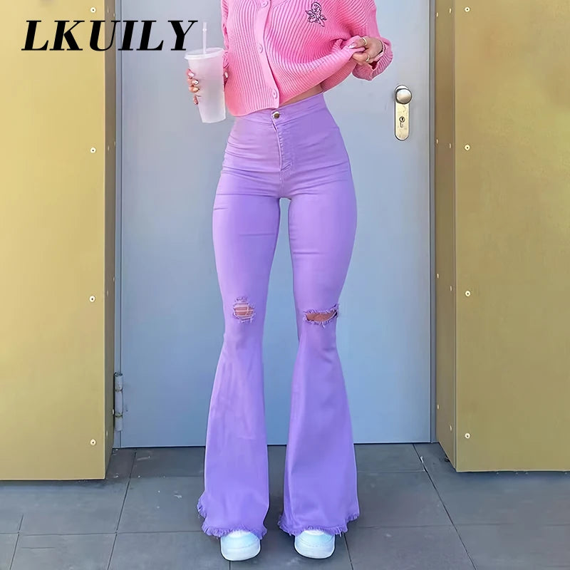 90S Y2k Flared Jeans Women High Waist Fashion Streetwear Purple Stretch Baggy Mom Jeans Wide Leg Pants Ripped Denim Trousers