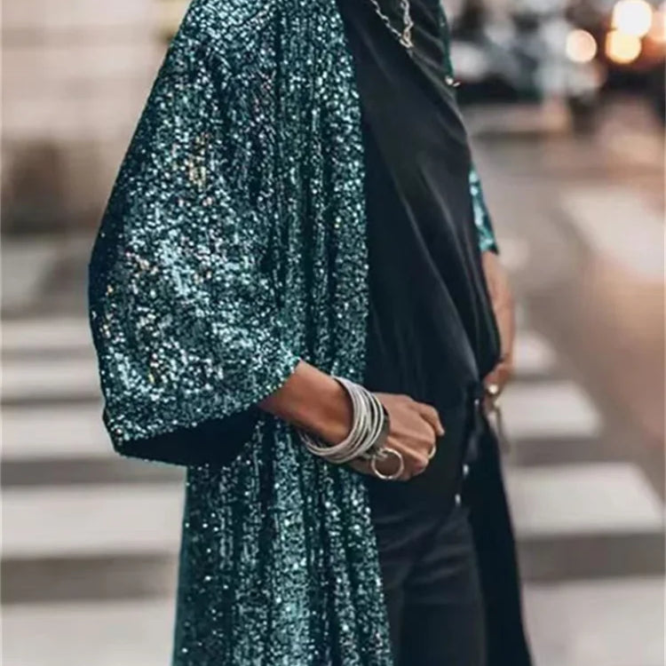Fashion Sequins Jacket for Women Fall Winter Oversized Casual Party Coats Ladies Chic Long Sleeve Y2k Coats