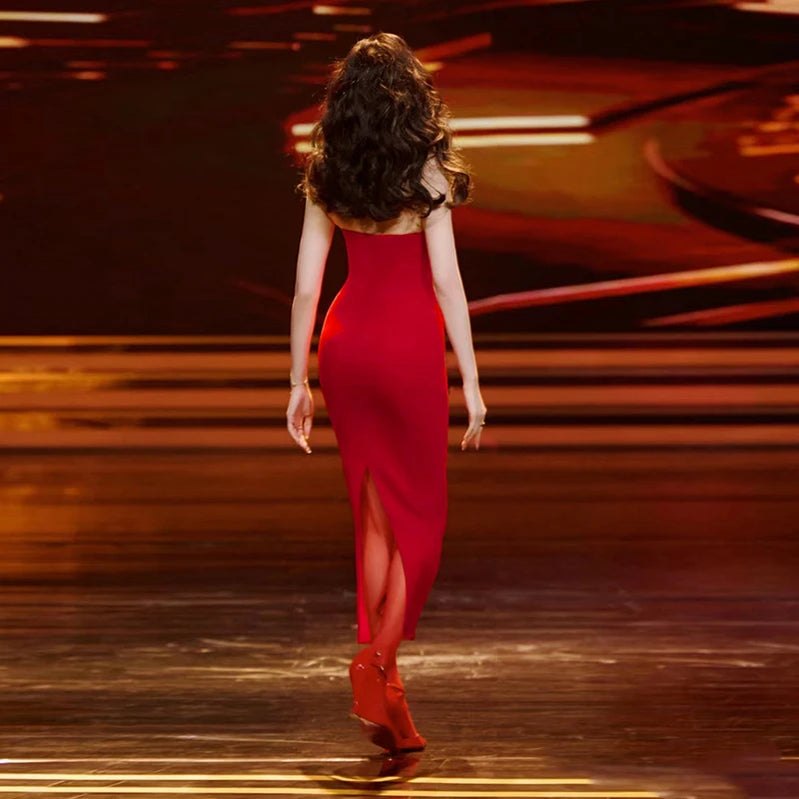 Women's Elegant Wind Dress New Sexy Spice Long Dress Gentle Wind Temperament Slim Leather Splicing Sling Dress Women