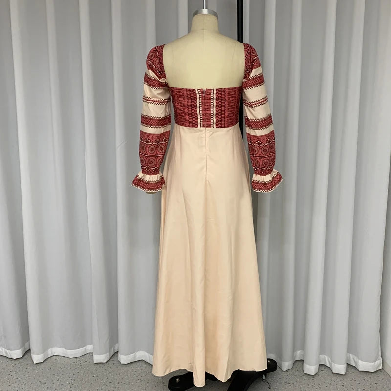 Wefads Women's Dresses Autumn Sexy Square Neck Long Sleeve Nipped Waist Printed High Slit Party Maxi Dress Elegant Streetwear