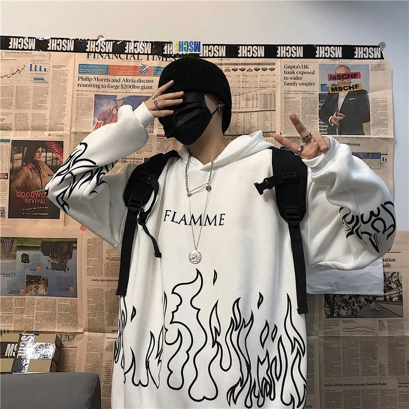 Retro Flame Print Hoodies Women Autumn Casual Oversized Long Sleeve Pullovers Tops Korean Style Harajuku Unisex Loose Sweatshirt