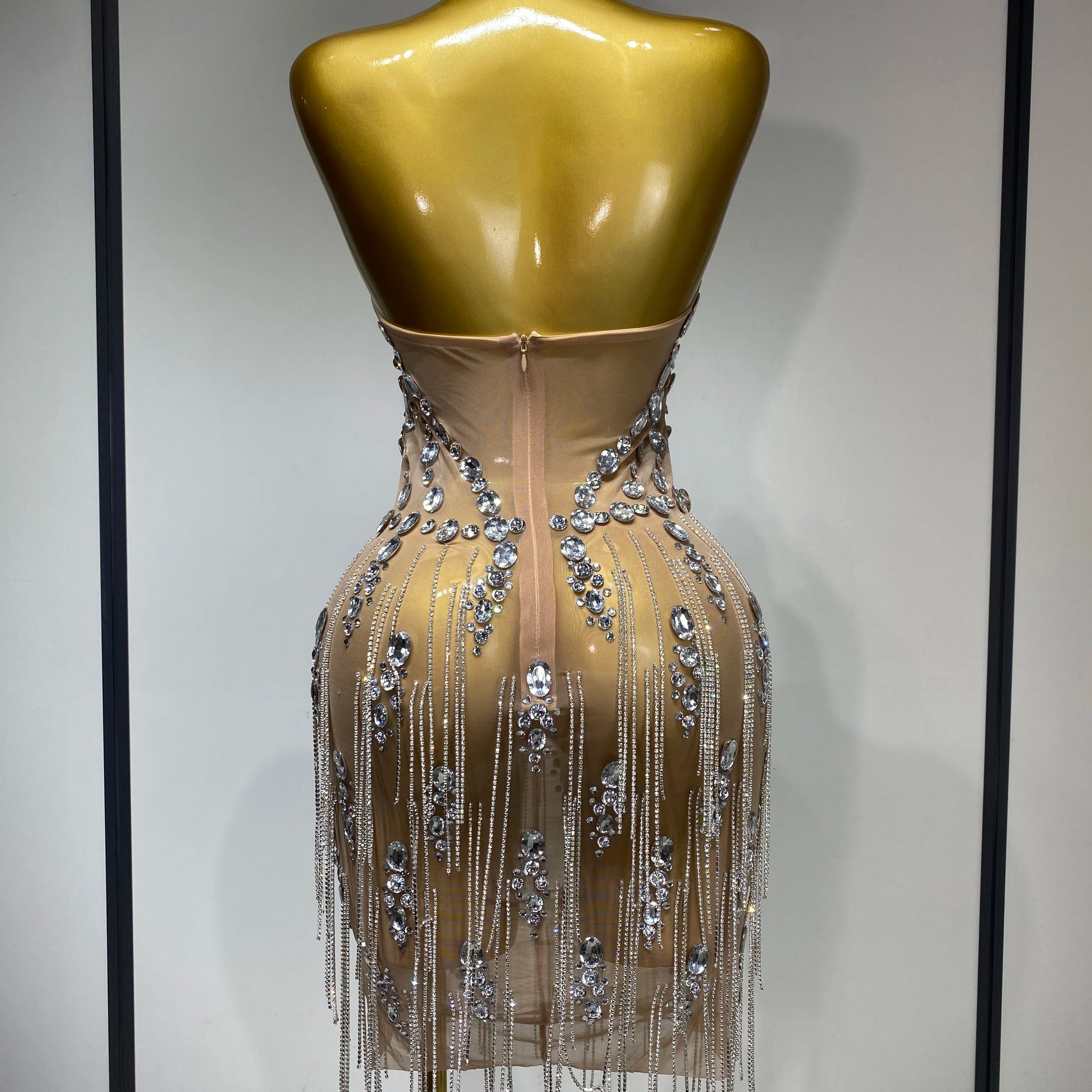 Luxury Rhinestone Evening Party Dress Women Sexy Halter See Through Mesh Luxury Birthday Gowns Nightclub Singer Stage Outfit