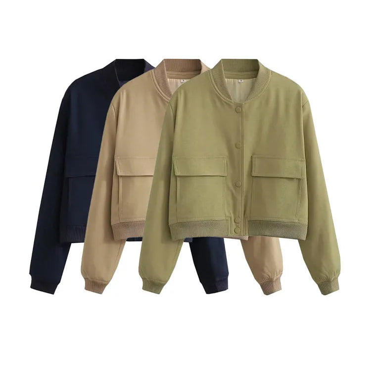 Women Fashion With Pockets Bomber Jacket Coats Vintage Long Sleeve Front Button Casual Female Outerwear Chic Tops