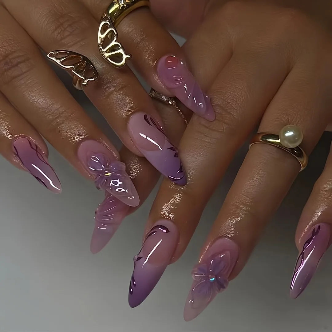 24Pcs Mid-length Almond Press on Fake Nails 3D Ripple Heart Pearl Star False Nails Blue Smudge Detachable Full Cover Nails Tips