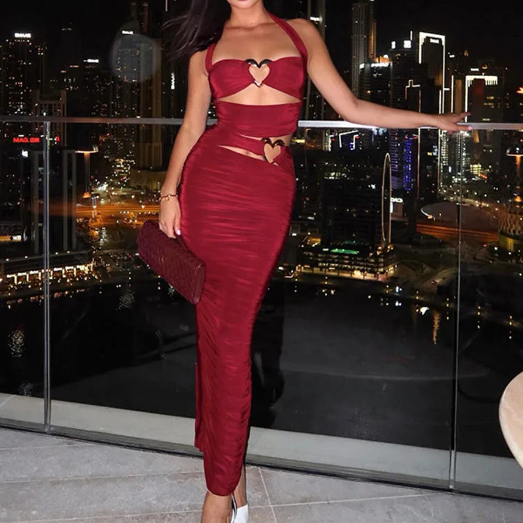 Sexy Slim Hollow Out Skirt Two Pieces Sets For Women Love Metal Buckle Halter Tops And Long Skirt Two Pieces Sets