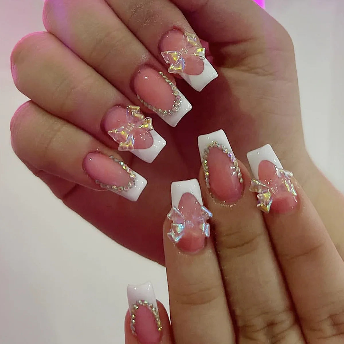 24Pcs French Black Press on Nails Mid-length Square Head Fake Nails with 3D Bow Tie Rhinestone Wearable Finished False Nail Tips