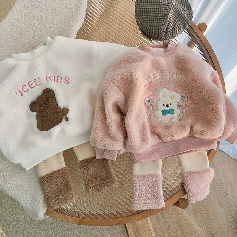 Winter Plush Children's Sets 2024 Cute Lamb Hair Little Bear Baby Clothes Set Thickened Kids Top Pant 2Pcs Set for Boys Girls