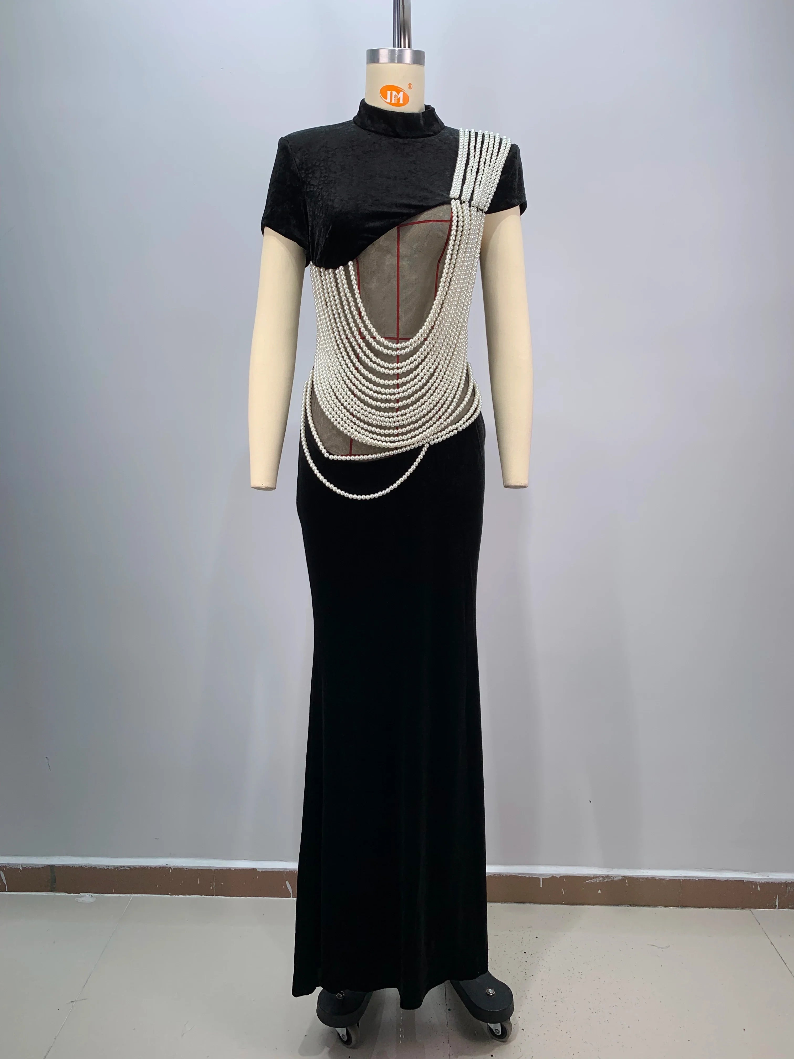 Celebrity Red Carpet Dress Women Sexy Short Sleeve Pearl Beading Bodycon Long Dress Evening Party Prom Outfit Vestido