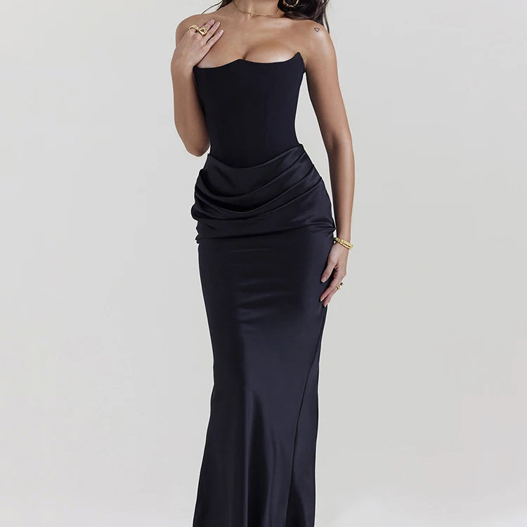 Elegant Strapless Bodycon Sexy Maxi Dress Women Black Fashion Off-shoulder Sleeveless Backless Club Party Long Dress Black