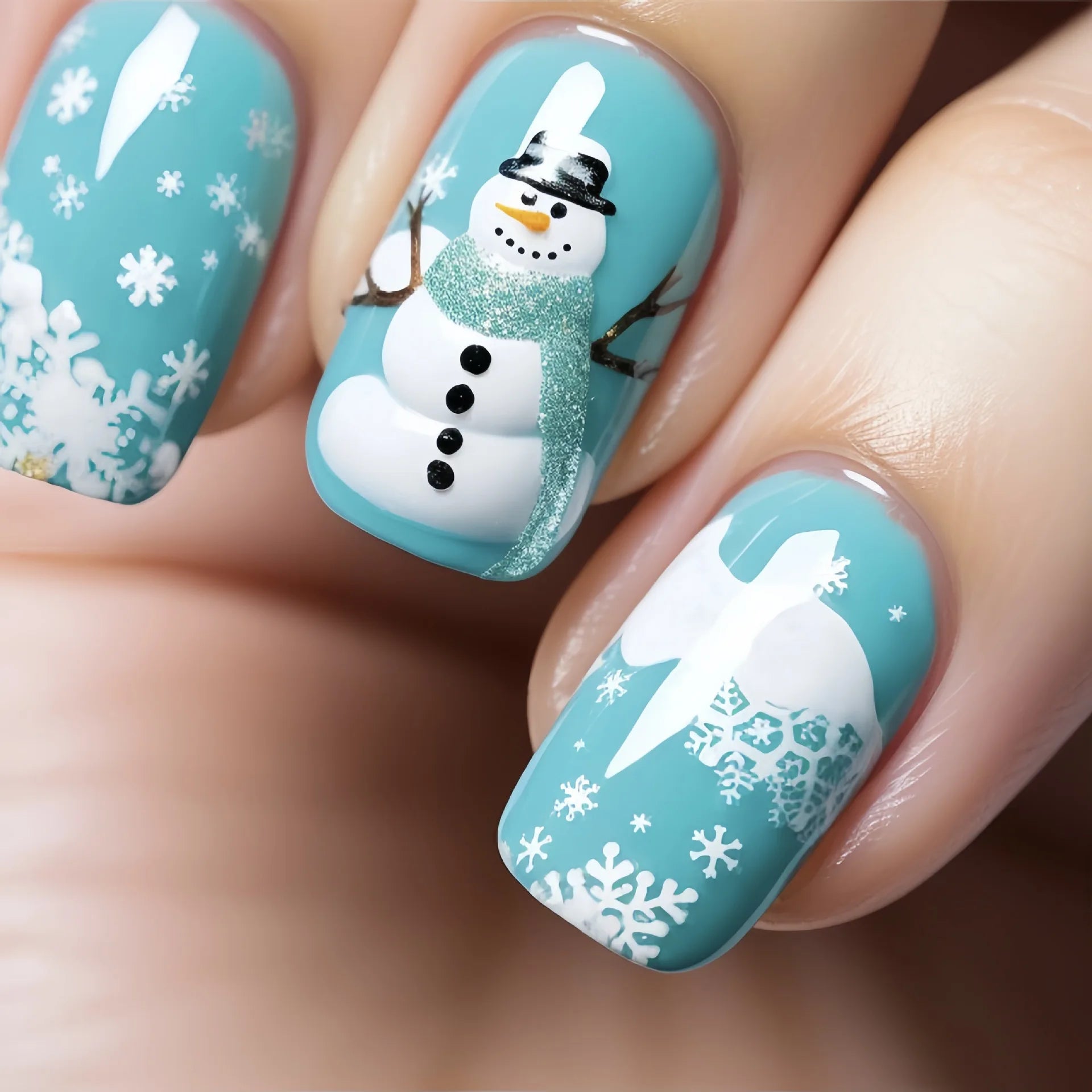 24pcs Short Ballet Fake Nails Art Wearable Christmas Snowman Blue Square Press on Nails Tips Snowflake Design False Nail Sets