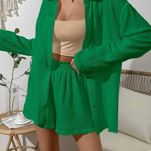 100% Cotton Gauze Muslin Sets For Women 2 Pieces Long Sleeve Shirts And Loose High Waist Mini Shorts Sets Ensemble Femme green CN