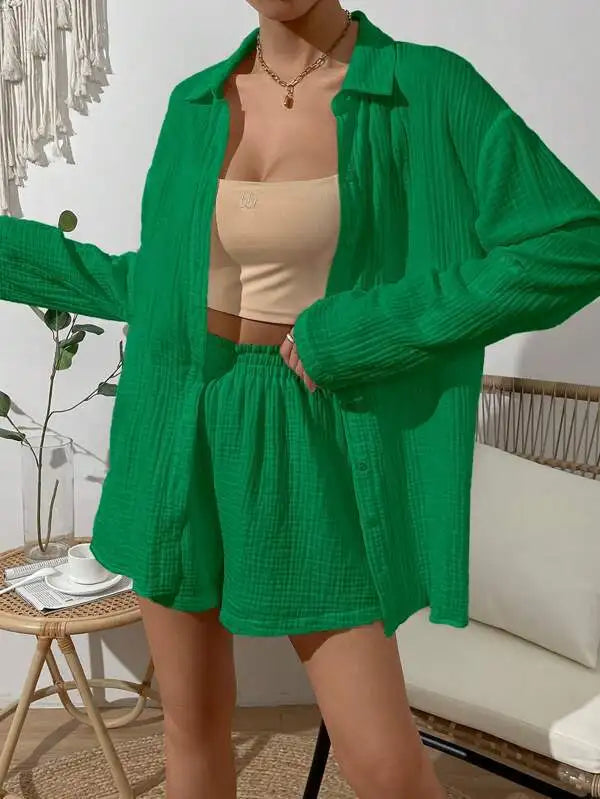 100% Cotton Gauze Muslin Sets For Women 2 Pieces Long Sleeve Shirts And Loose High Waist Mini Shorts Sets Ensemble Femme green CN
