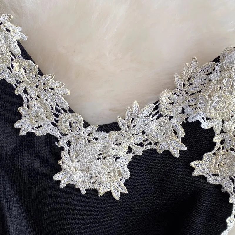 Chic Fashion Sexy Package Hips Lace Patchwork Knitted Summer Dress Women Black Mini Party Dress Streetwear Outfits