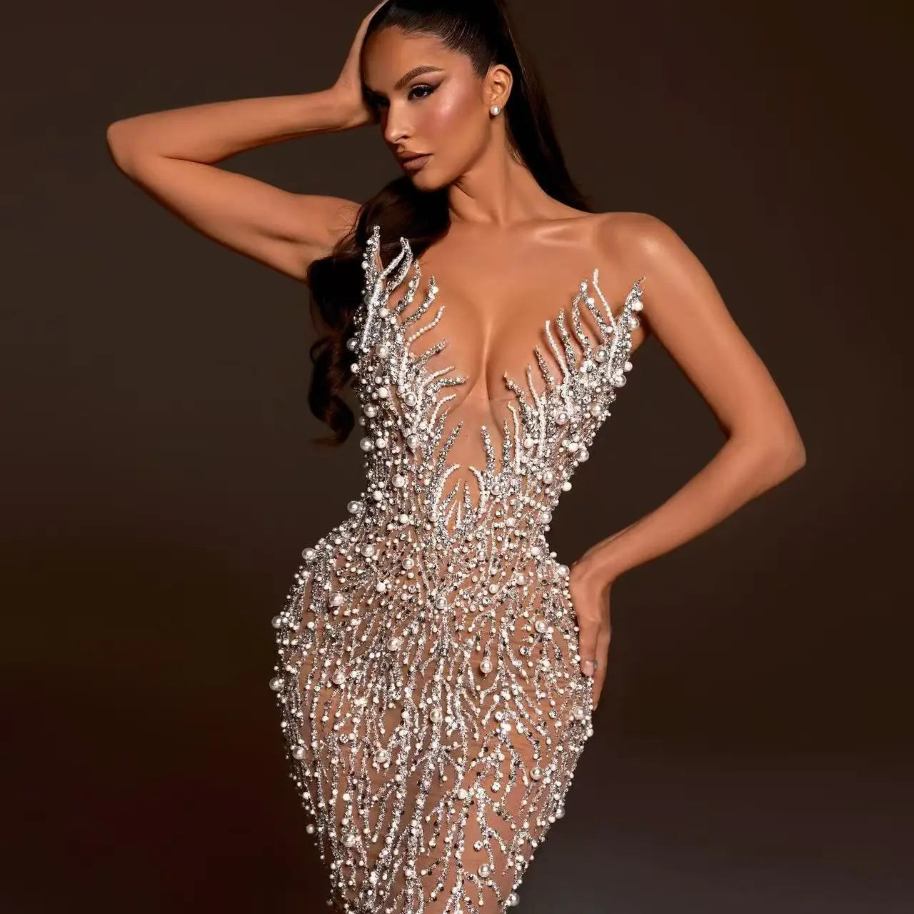 Haute couture Wedding Party dress Sequin embroidery Pearl Beading Sexy V-Neck Strapless Dress  Celebrity Birthday Party Outfit