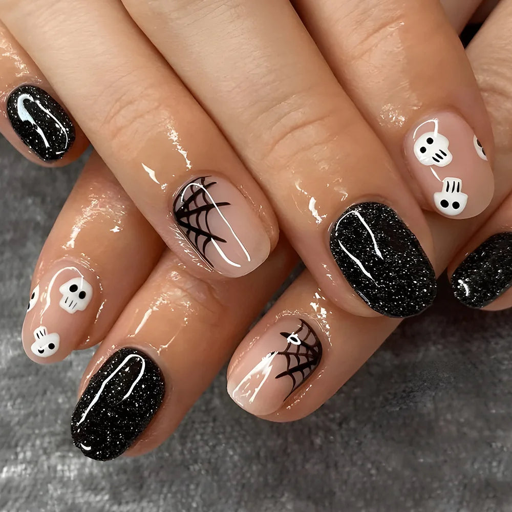 24Pcs Glossy Black Halloween Cute White Ghost Pattern Designs Wearable False Nails with Funny Short Round Head Acrylic Manicure