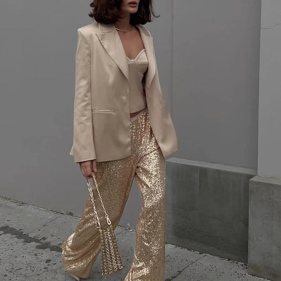Sequin Pants New Instagram Style Trendy American Pearlescent Sequin Straight Leg Floor mops Gold