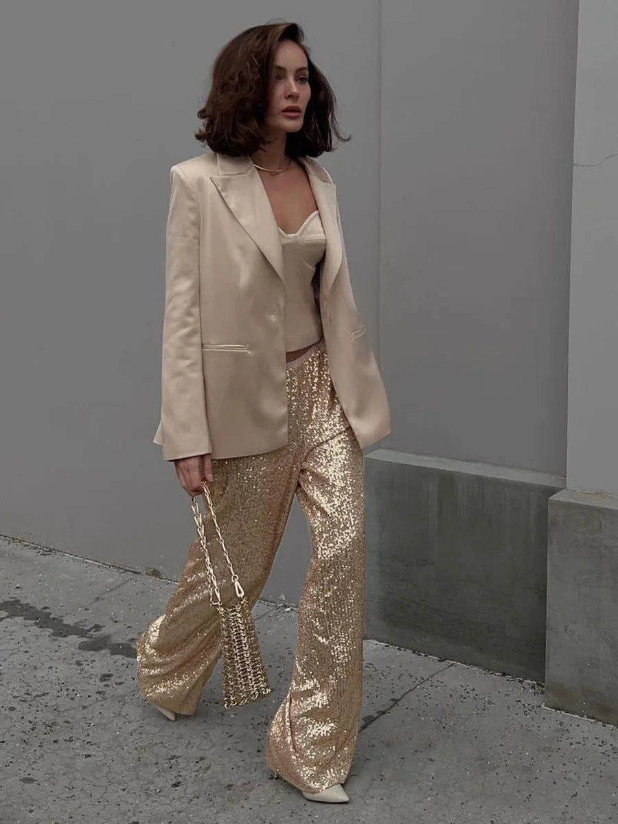 Sequin Pants New Instagram Style Trendy American Pearlescent Sequin Straight Leg Floor mops Gold