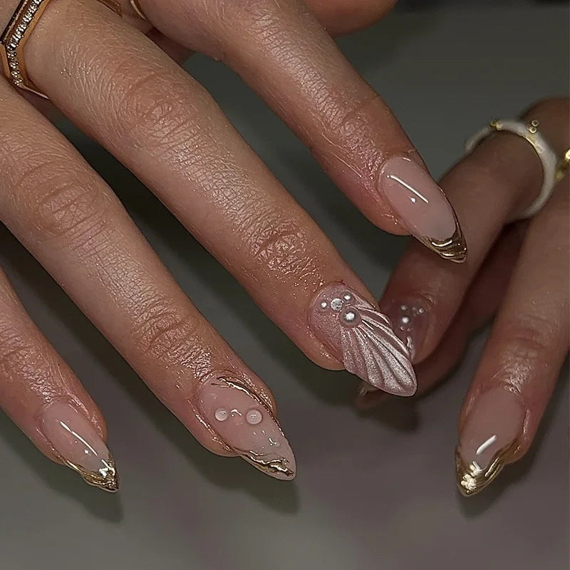 24Pcs Simple French Nails Art Tips Fake Nails 3D Design Wearable Full Cover False Nail Mid-length Almond Reusable Press on Nails