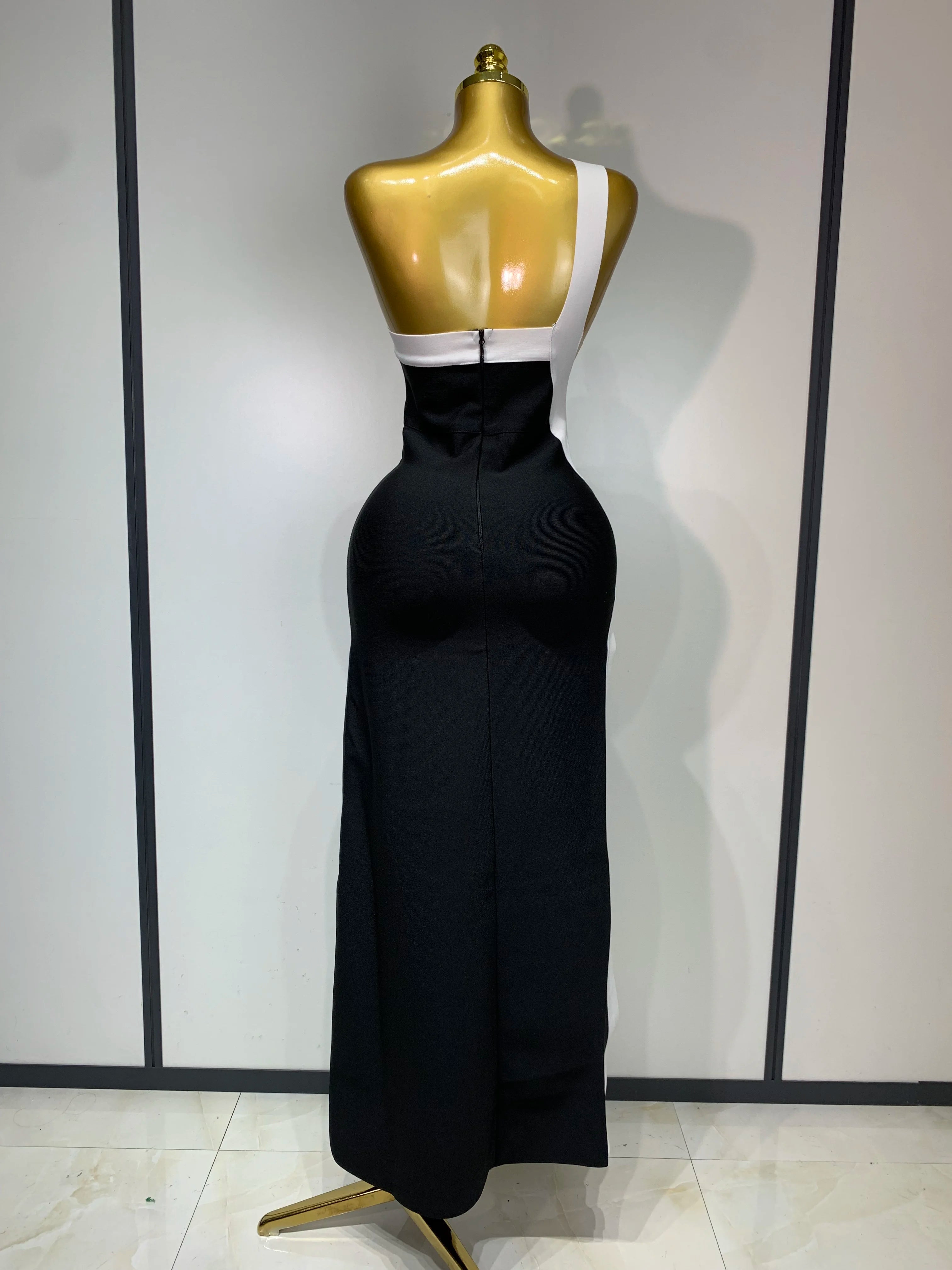 Women Sexy One Shoulder Split Black White Patchwork Bandage Bodycon Dress 2025 Celebrity Elegant Evening Party Birthday Outfit