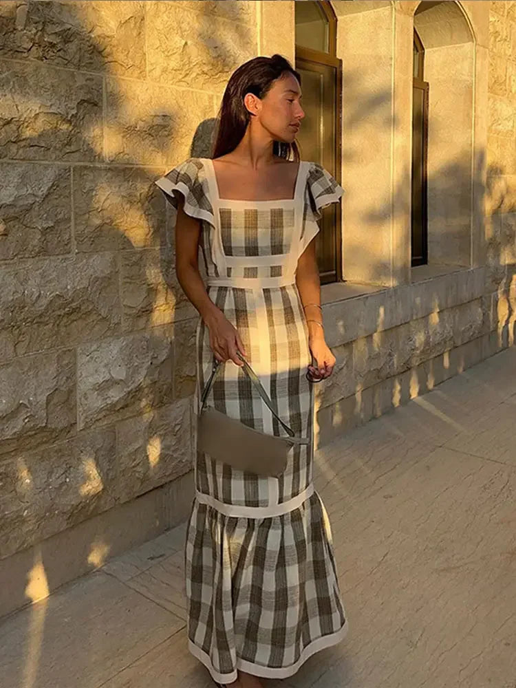 Vintage Plaid Flying Sleeve Shoulder Midi Dress Elegant Spliced Square Collar High Waist Vestidos Spring High Street Female Robe