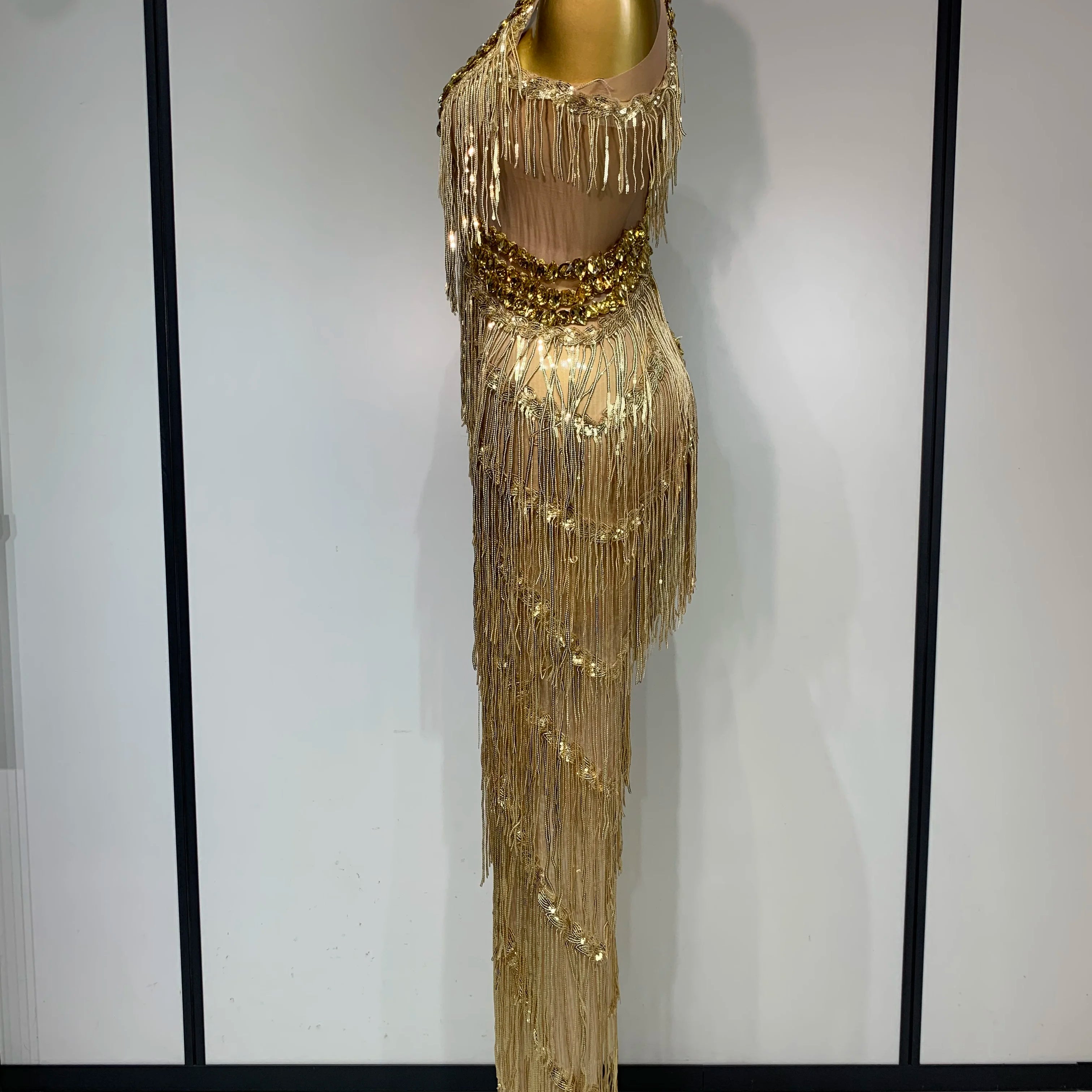 Women Sparkly Glod Rhinestones Sequined Fringe jumpsuit Sexy Nightclub Party Birthday Outfit Show Singer Stage Perform Costume