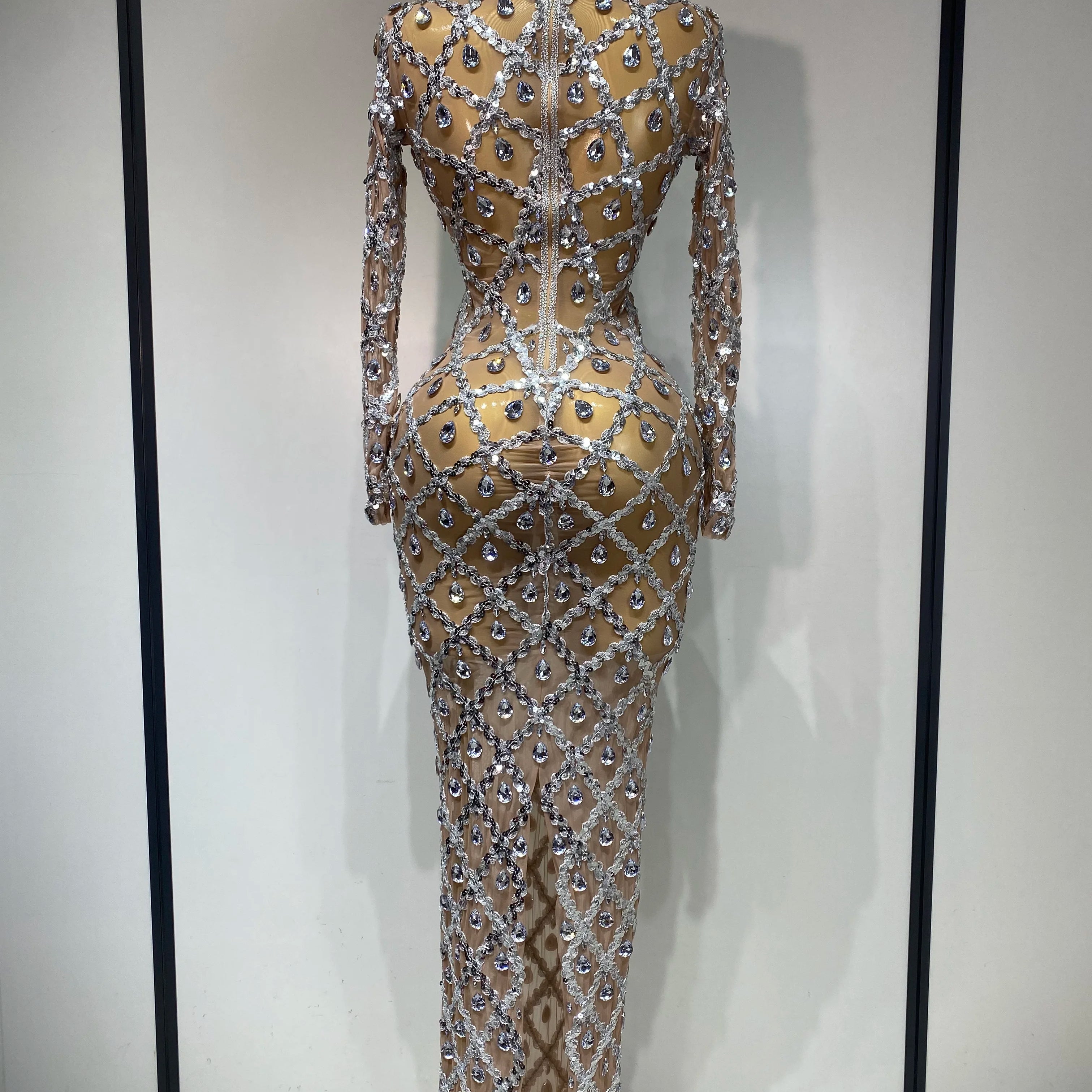 Women Sexy Luxury Birthday Dress Stage Shining Rhinestone Sequin Long Dress Evening Prom Gown Transparent Singer Club Host Dress