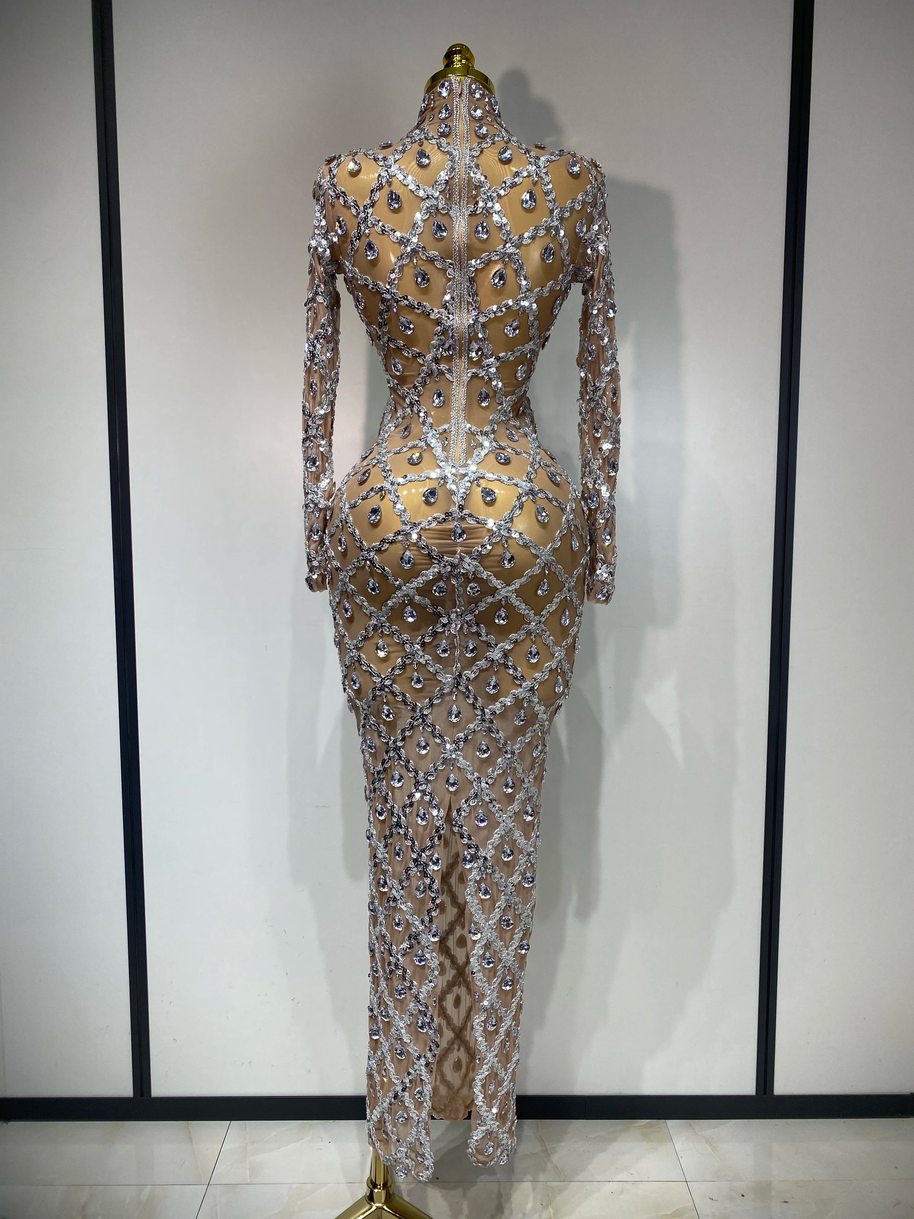 Women Sexy Luxury Birthday Dress Stage Shining Rhinestone Sequin Long Dress Evening Prom Gown Transparent Singer Club Host Dress