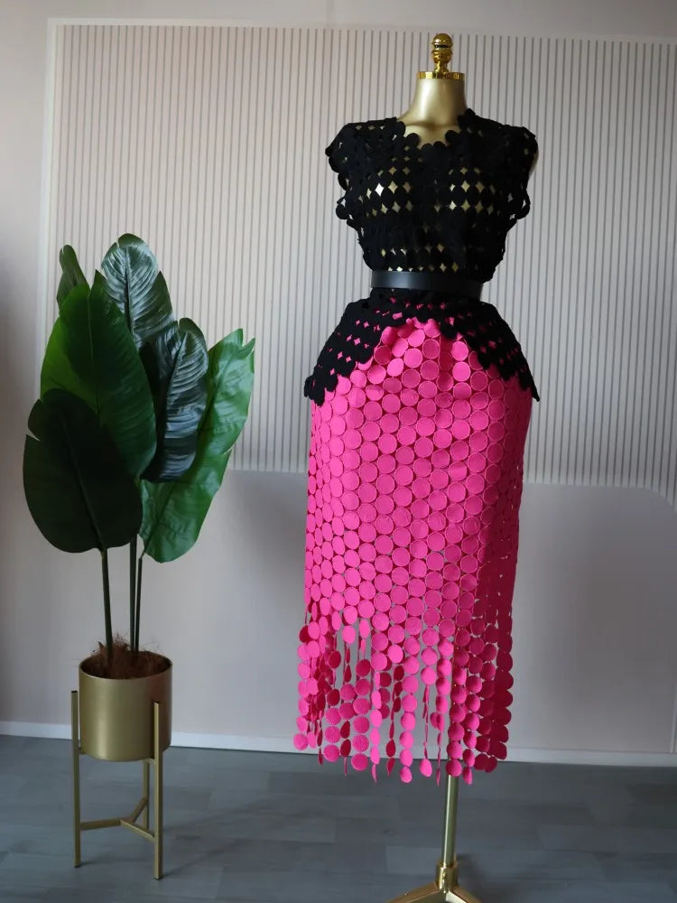 CM.YAYA Women Cutout O-neck Crop Top and Bodycon Midi Slim Maxi Long Skirt Suit 2025 Summer Vacation Sexy Two 2Piece Set Outfits black-Rose red--belt One Size