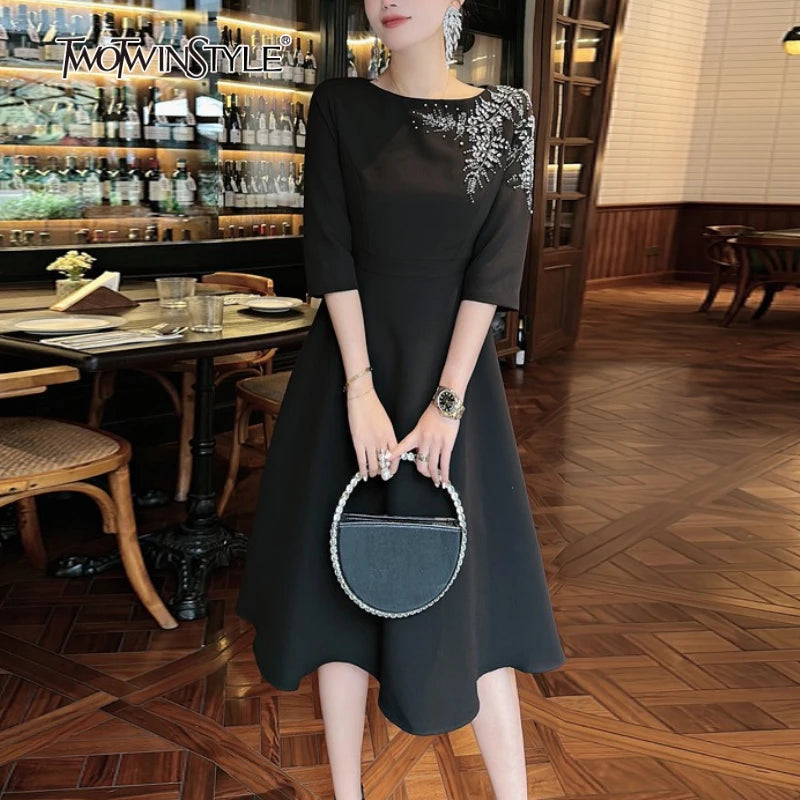 TWOTWINSTYLE Solid Slimming Elegant Dresses for Women Slash Neck Half Sleeves Patchwork Bead Temperament Dress Female Clothing