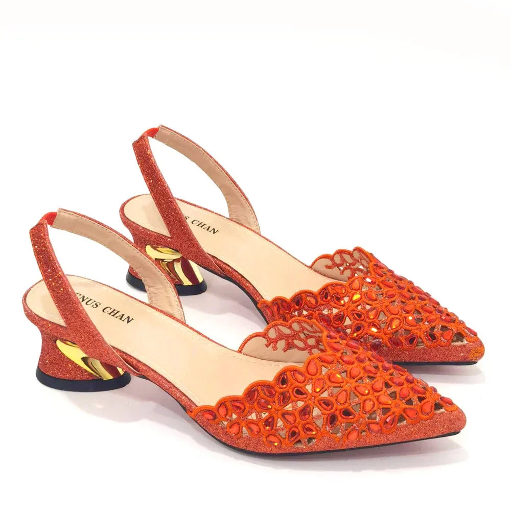 Venus Chan Low Heel Shoes for Women Hollowed Out Embroidery Rhinestone Italian Design Gold Color Pointed-Toe Shoes and Bags Set A PAIR SHOES ORANGE