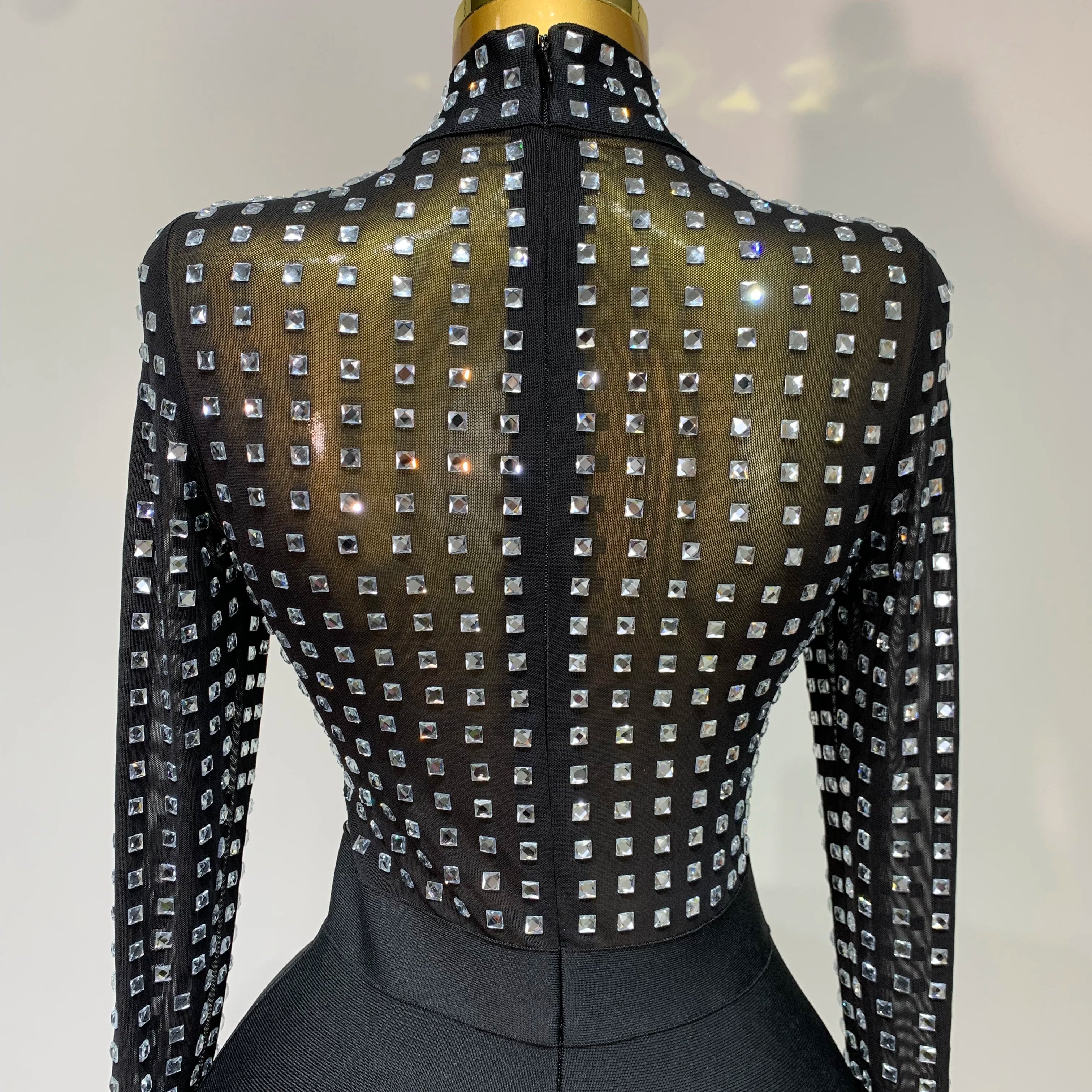 Vestido bandage bodycon de malha preta, gola alta sexy, strass, celebridade, feminino, 2025, elegante, clube noturno, vestido de aniversário de luxo