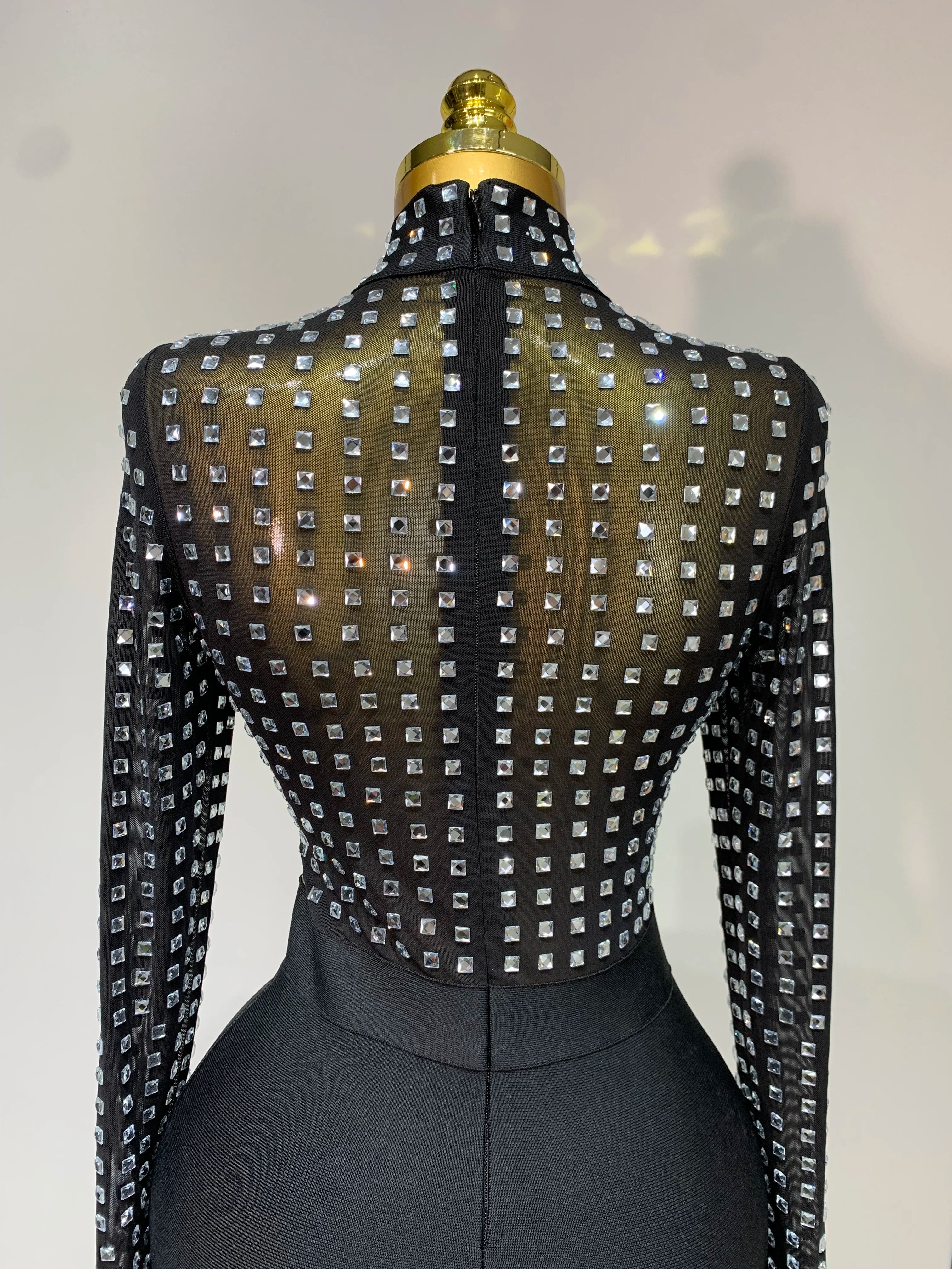 Vestido bandage bodycon de malha preta, gola alta sexy, strass, celebridade, feminino, 2025, elegante, clube noturno, vestido de aniversário de luxo