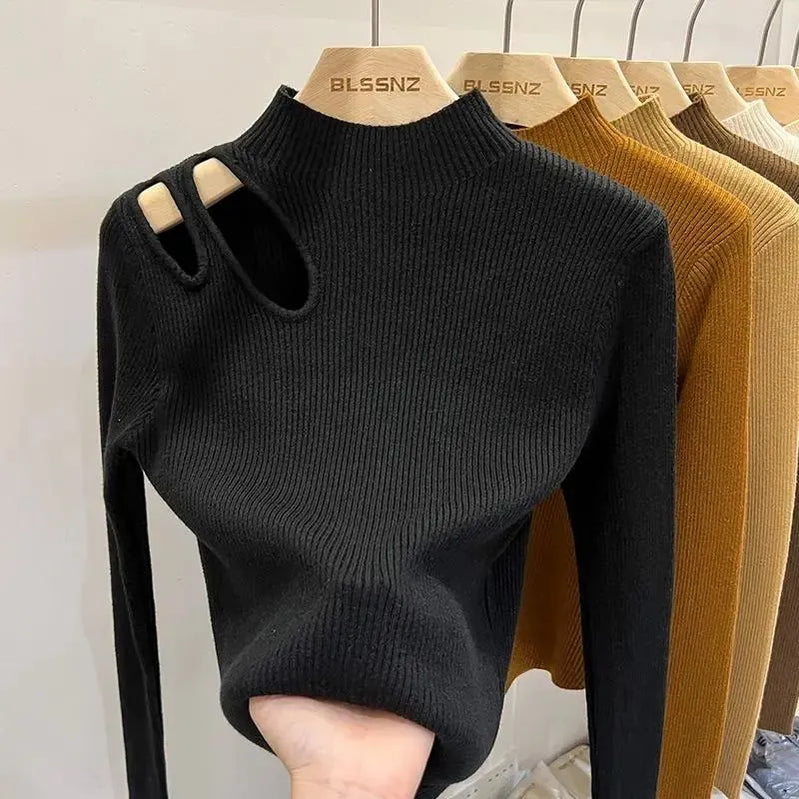 Turtleneck Knitted Women Sweater Ribbed Pullovers Autumn Winter Basic Women Sweaters Fit Soft Warm Tops black One Size