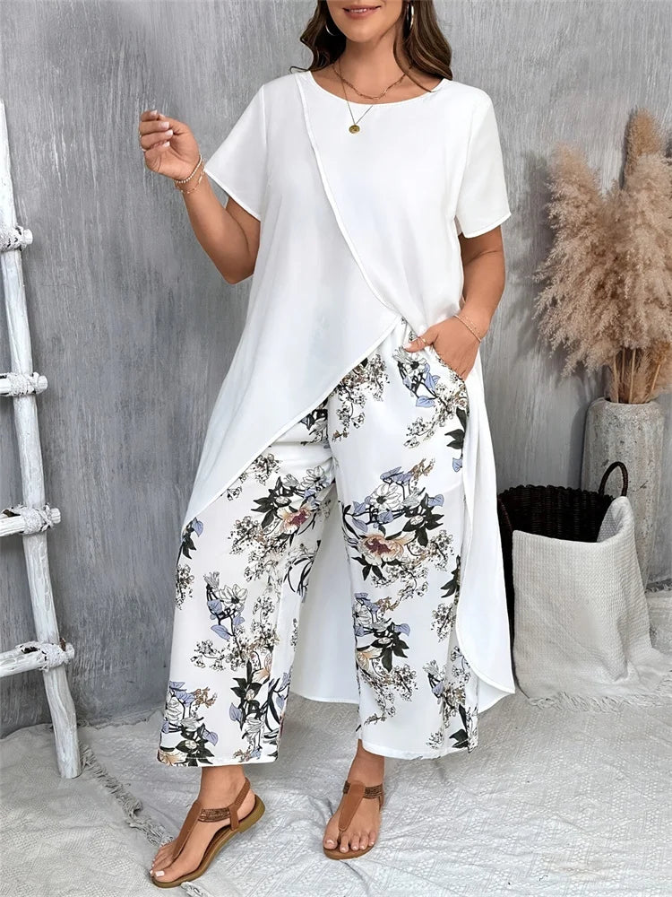 Wmstar Plus Size Two Piece Sets Women Wholesale Long Top and Print Wide Leg Summer Matching Suit Fashion Street Wear 2025