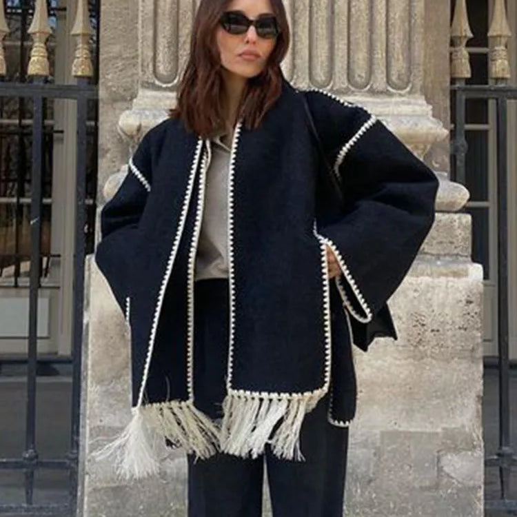 TRAFZA 2023 Autumn Fashion Woman Black Crochet Scarf Coat O Neck Long Sleeve Button Straight Casual Vintage Female Cozy Coats