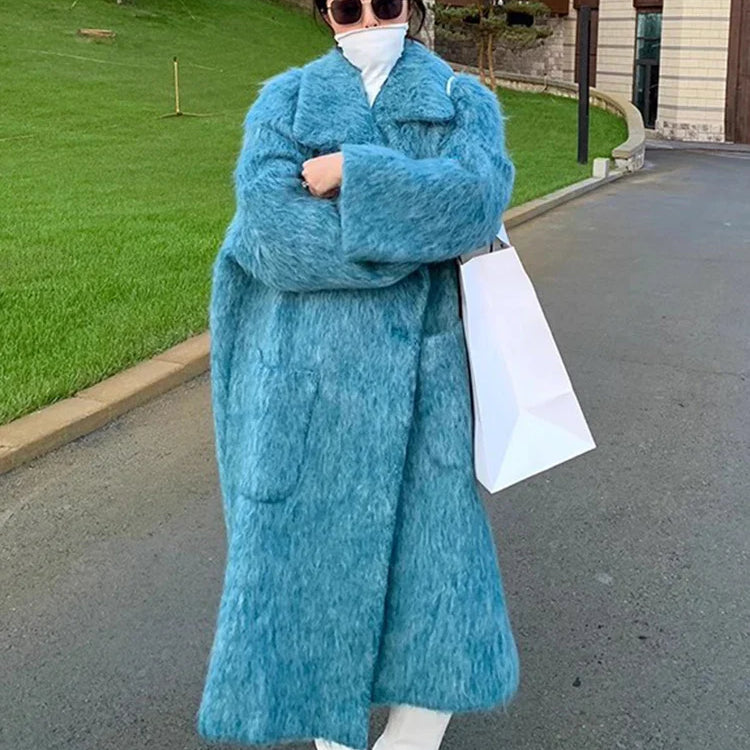 Winter Long Blue Fluffy Oversized Warm Wool & blends Coat for Women Single Button Pockets Luxury Clothes Woolen Overcoat