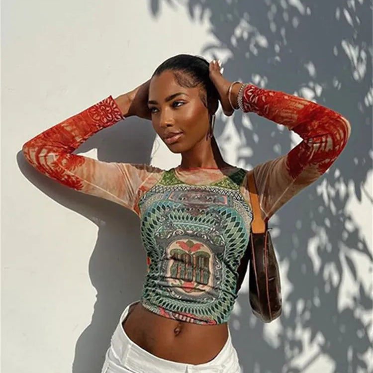 Autumn Art Print T-shirt Women's Wear Long-sleeved O-Neck Short Section Navel Slim Fit Top Female Street Comfort Clothing Red