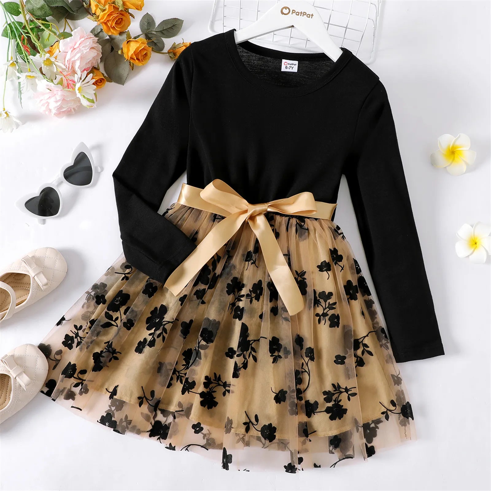 Kid Girl Dresses Floral Embroidered Belted Mesh Splice Long-sleeve Dress Kids Clothes Khaki