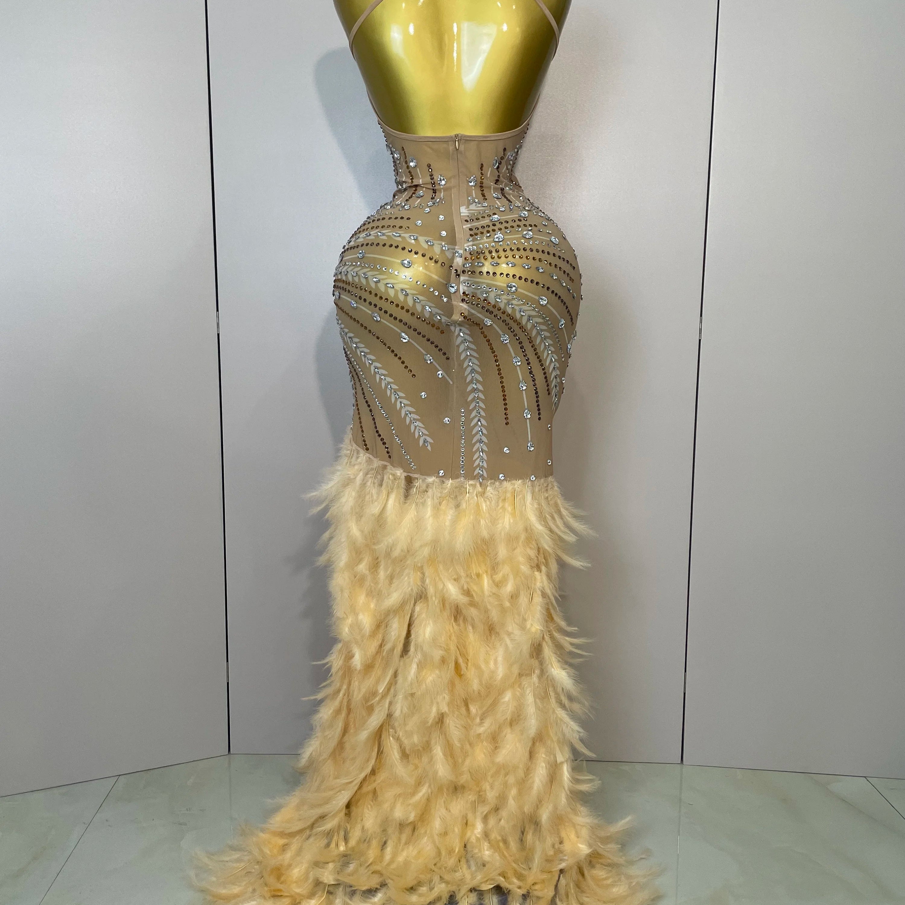 Sparkly Sexy Crystal  Floor-Length Feathers Maxi Dress 2025 Elegant  Evening Party Birthday Performance Prom Dance Stage Costume