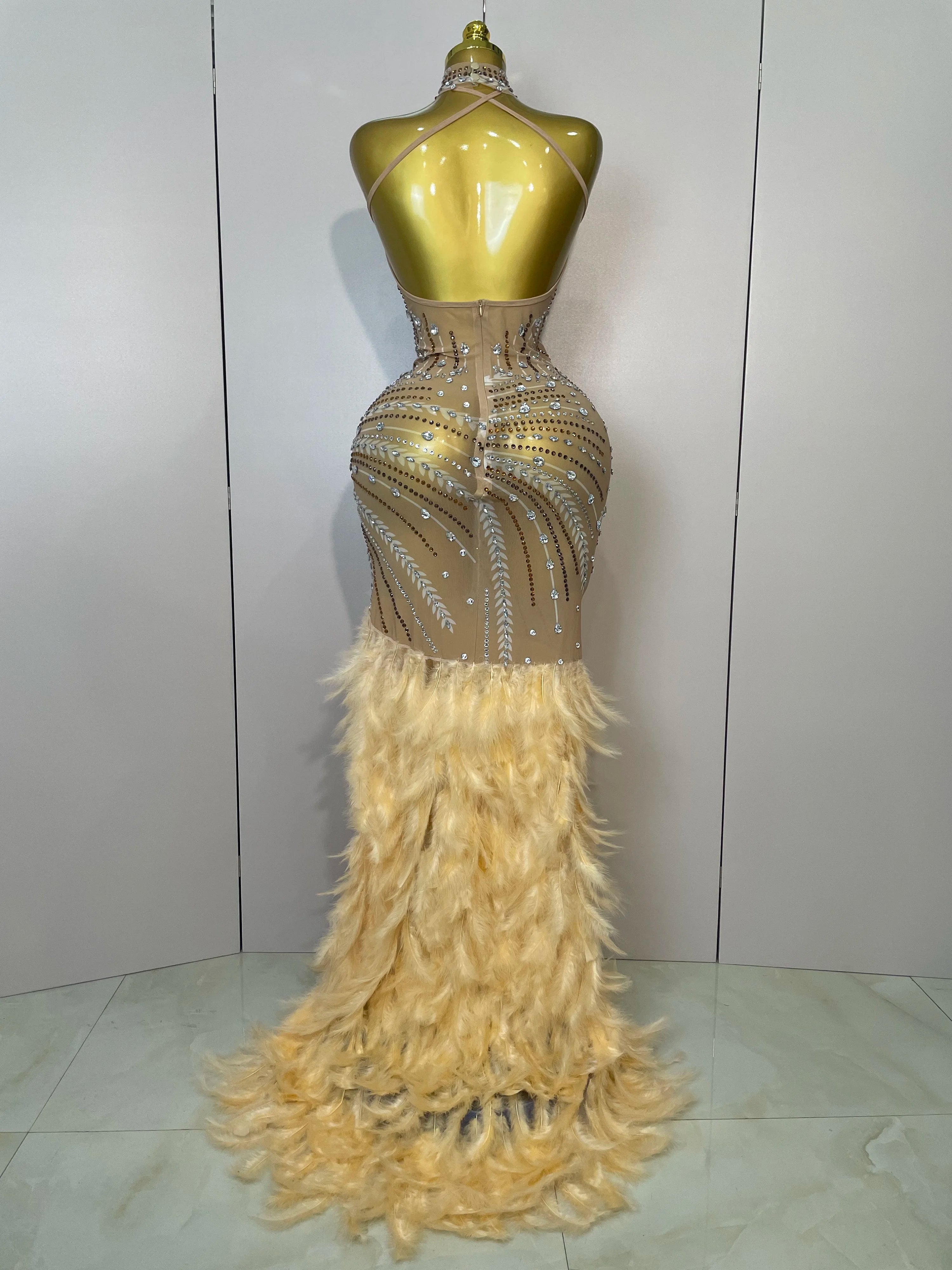 Sparkly Sexy Crystal  Floor-Length Feathers Maxi Dress 2025 Elegant  Evening Party Birthday Performance Prom Dance Stage Costume