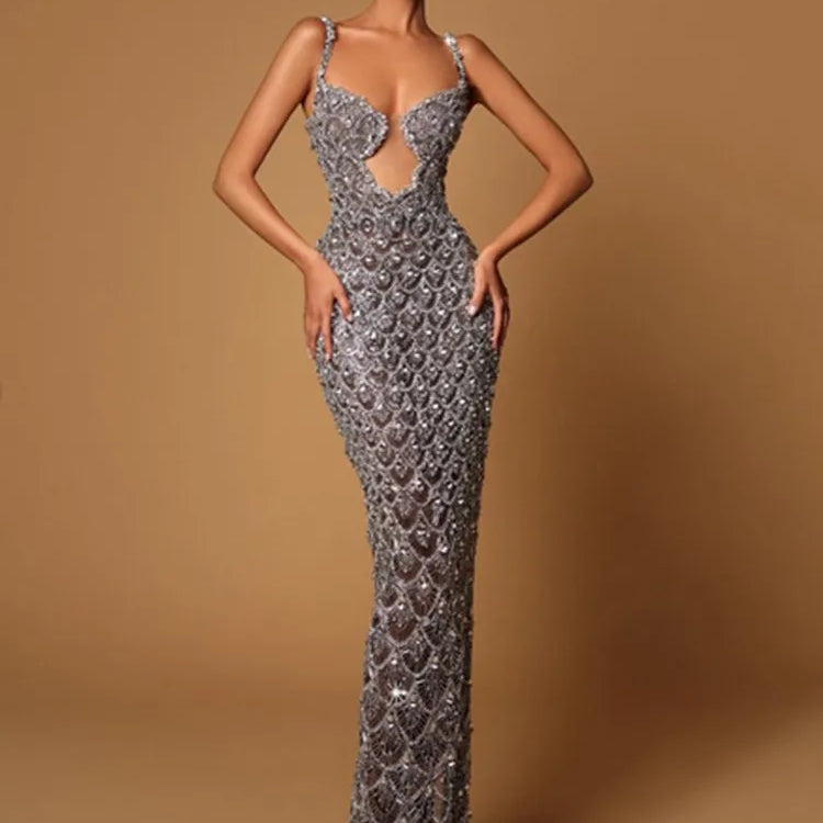 Women Sexy V Neck Backless Sequins Mesh Sparkly Silver Maxi Long Dress 2024 Elegant Party Evening Outfit Vestido