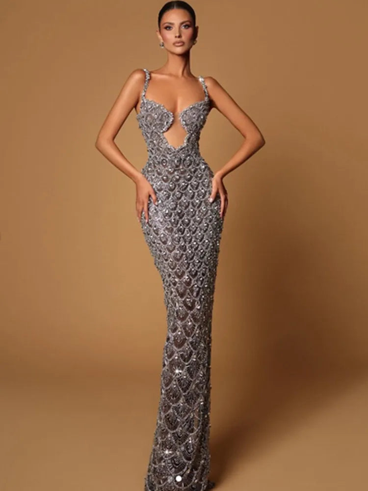 Women Sexy V Neck Backless Sequins Mesh Sparkly Silver Maxi Long Dress 2024 Elegant Party Evening Outfit Vestido